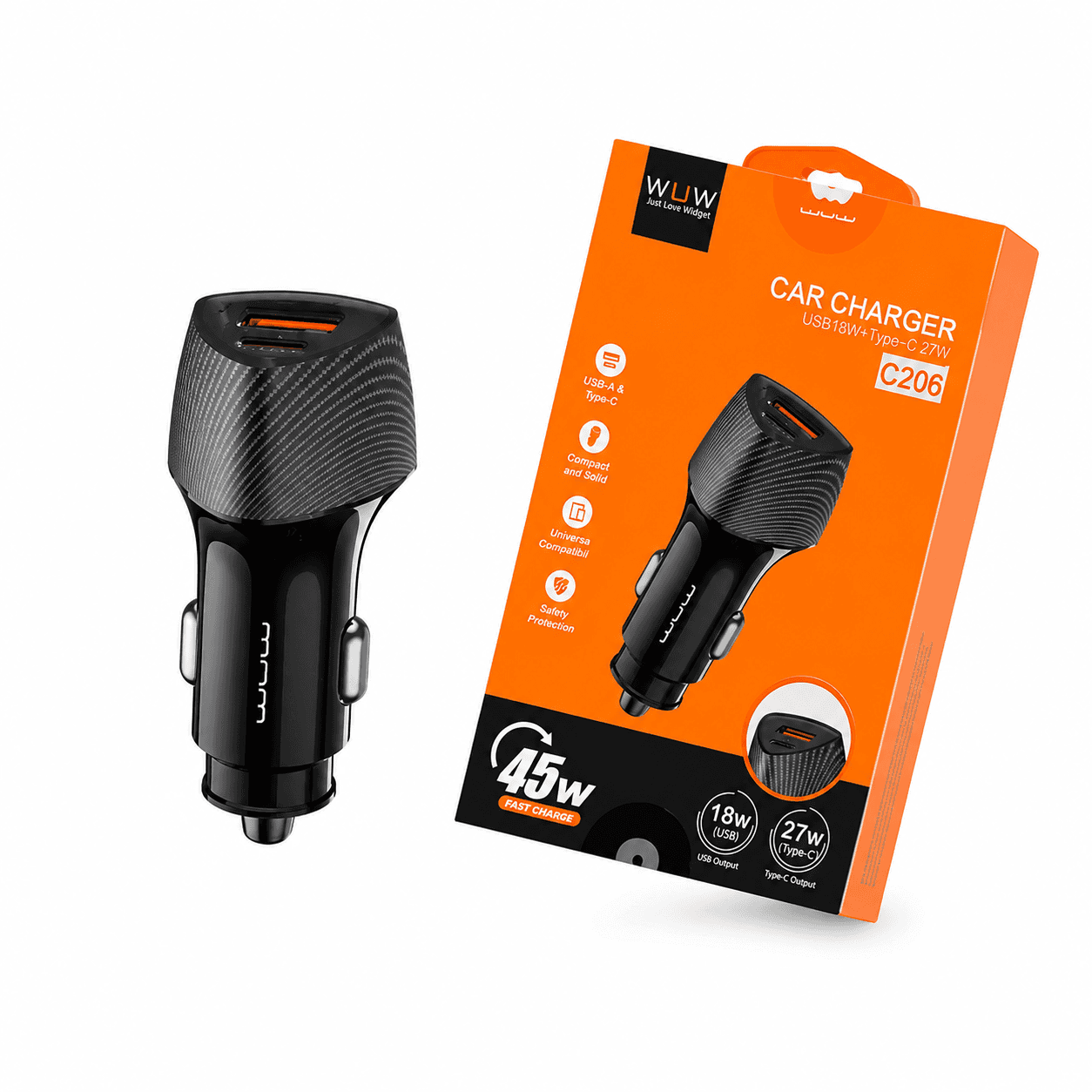 شارژر فندکی خودرو WUW C206 دو پورت USB-A و Type-C توان 45 وات