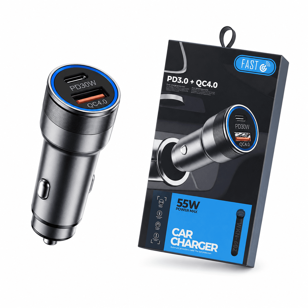 شارژر فندکی خودرو WUW WKN-602 دو پورت PD 3.0 و QC 4.0 توان 55 وات